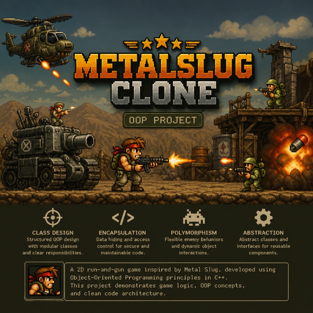 Metal Slug 2D Arcade Game cover poster showing OOP architecture details and gameplay art