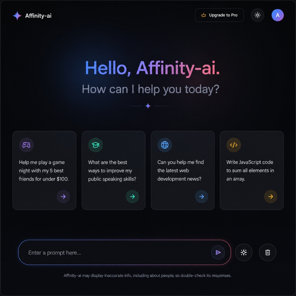 Affinity AI Chat Clone Interface showing conversational prompt cards and prompt bar