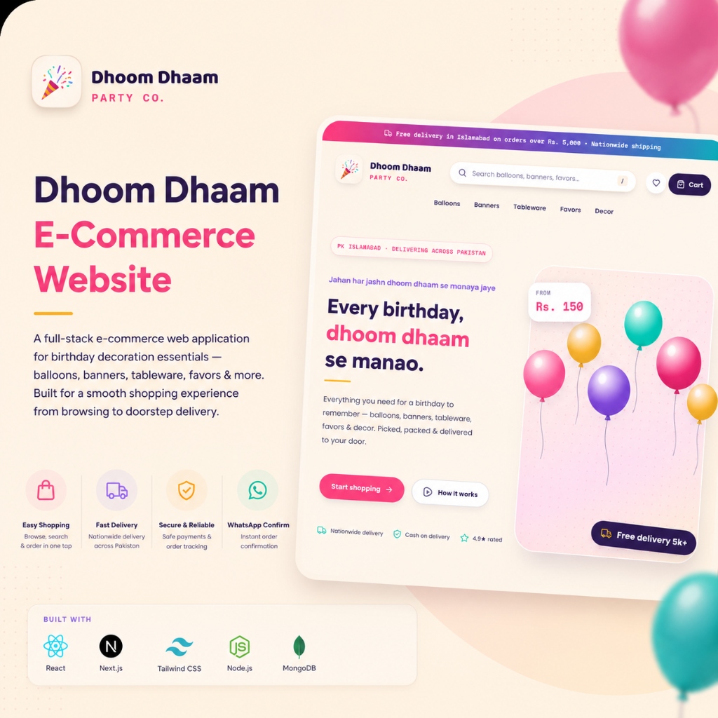 Dhoom Dhaam E-Commerce Website poster showcasing store layout, feature highlights, and tech stack